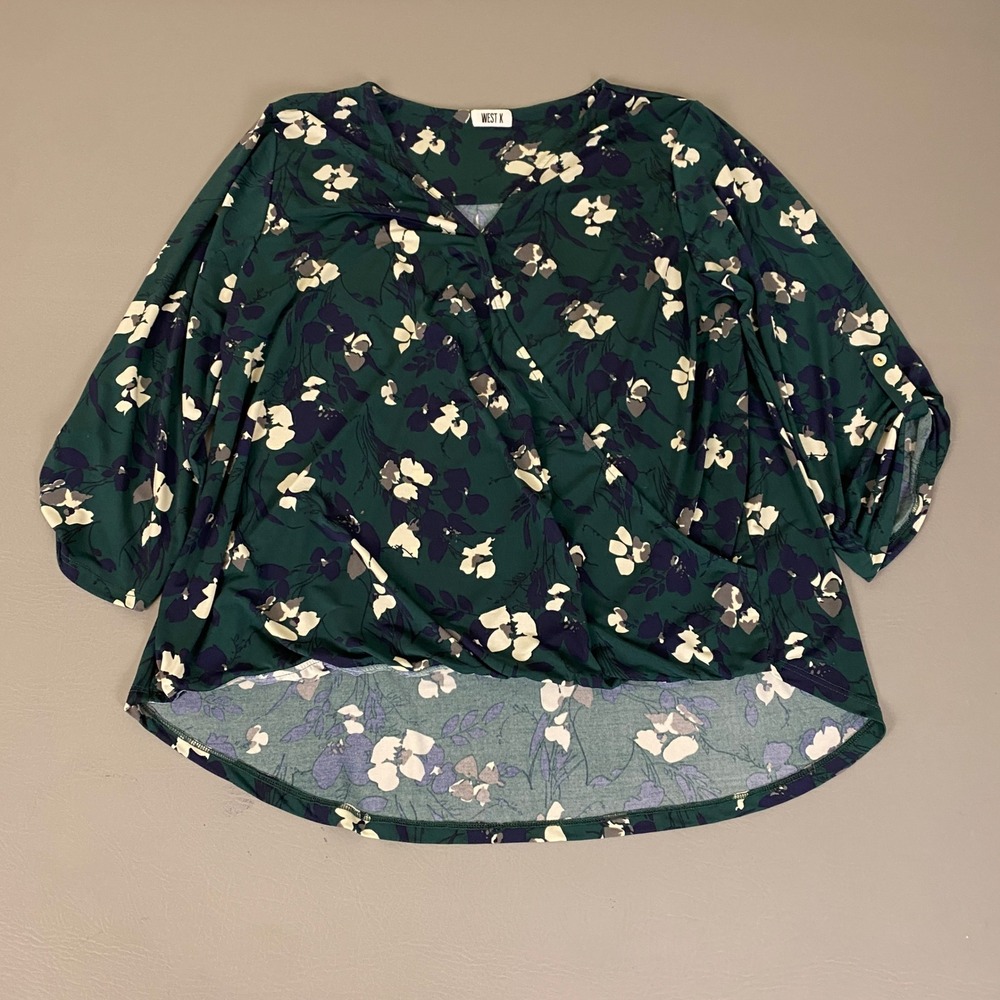 West K Blouse Women's Plus 1X Dark Green Floral Faux Wrap 3/4 Roll Tab Sleeve